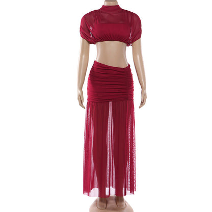 Ruched crewneck mesh crop maxi skirt set  | Festival Outfits Women