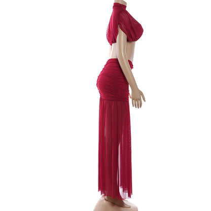 Ruched crewneck mesh crop maxi skirt set  | Festival Outfits Women