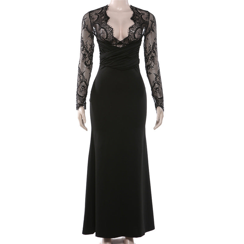 Long sleeve lace patchwork v neck maxi dress  | Festival Outfits Women