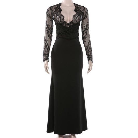Long sleeve lace patchwork v neck maxi dress  | Festival Outfits Women