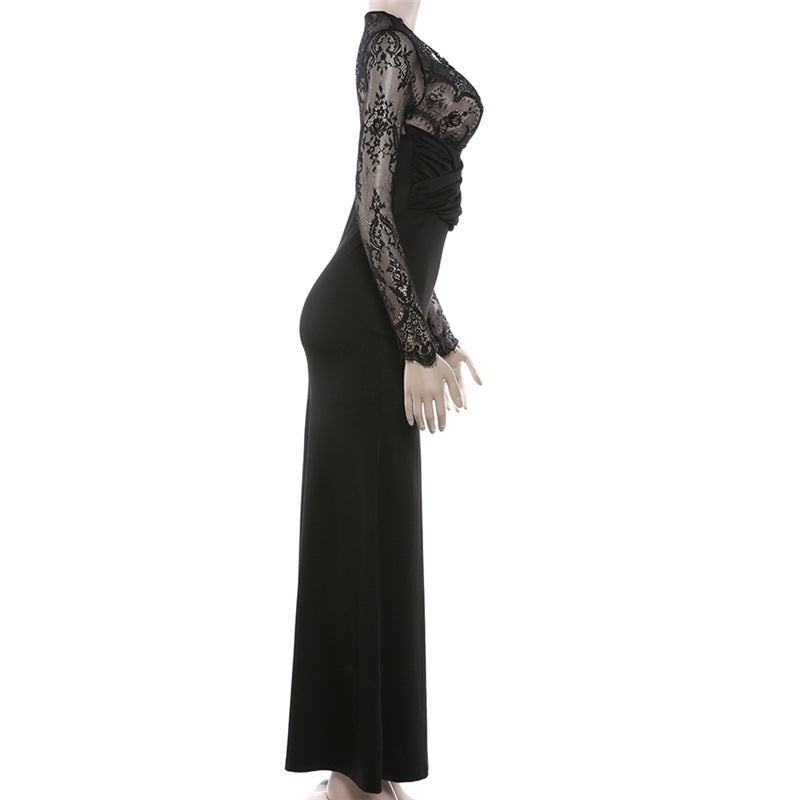 Long sleeve lace patchwork v neck maxi dress  | Festival Outfits Women