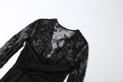 Long sleeve lace patchwork v neck maxi dress  | Festival Outfits Women