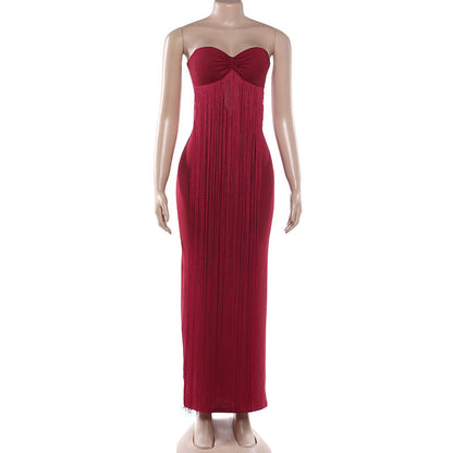 Sweetheart neck tassels backless tube maxi dress  | Festival Outfits Women