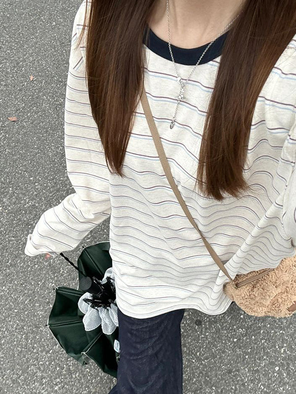 Stripe Print Oversized Long Sleeves Tee