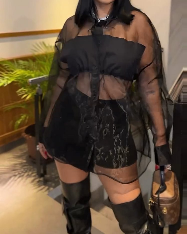 Lapel See-through Mini Solid Color Two-Piece Set