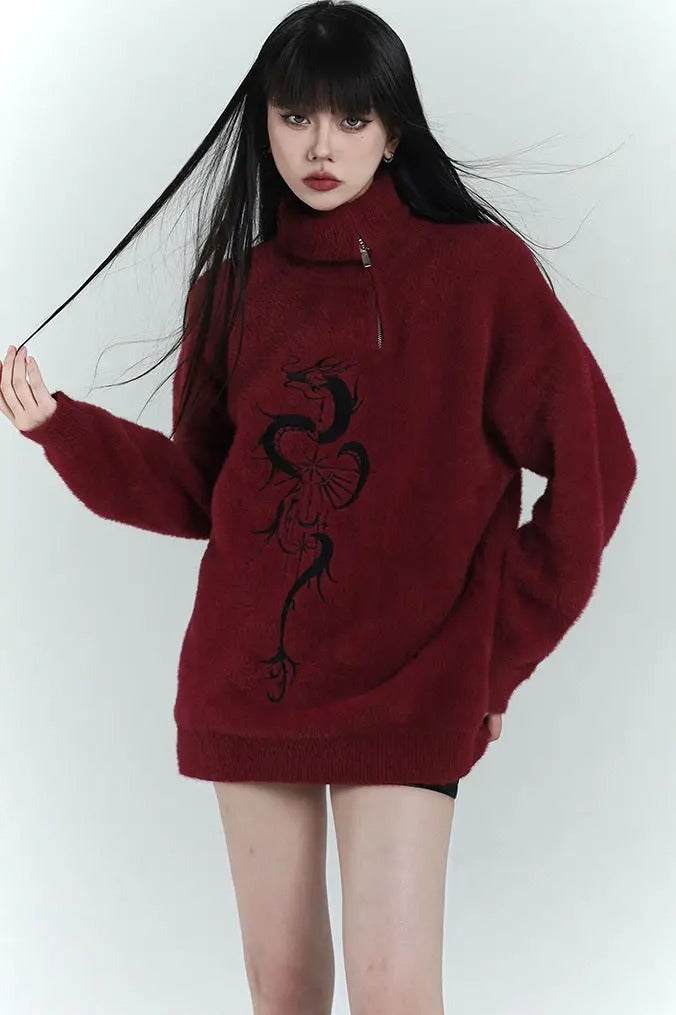 Y2K Grunge Red Zipper Print Oversized Streetwear Sweater