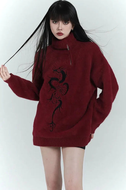 Y2K Grunge Red Zipper Print Oversized Streetwear Sweater