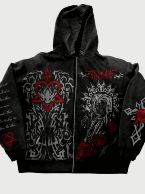 Punk Distressed Skull Eye Print Hoodie
