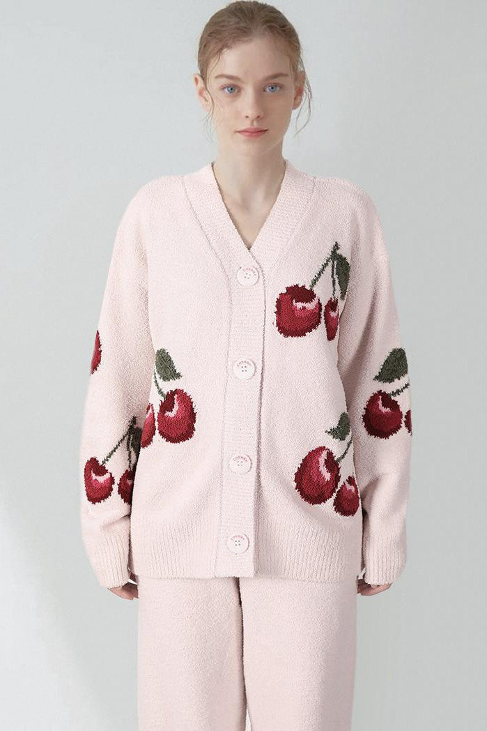 Conjunto de pijama tipo cárdigan de terciopelo suave con cerezas