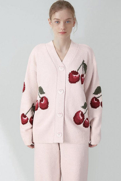 Conjunto de pijama tipo cárdigan de terciopelo suave con cerezas