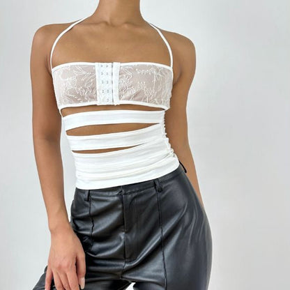 Hollow out square neck halter solid cut out top  | Festival Outfits Women