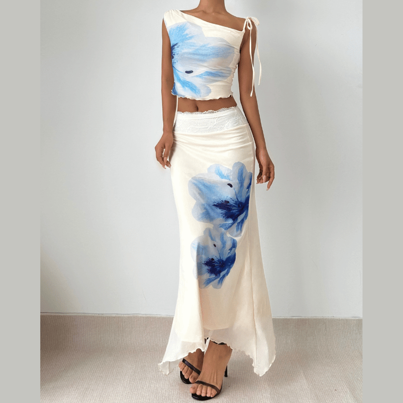 Off shoulder flower print lace hem maxi skirt set  | Festival Outfits Women