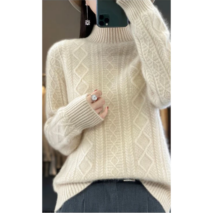 Elegante jersey de punto trenzado con cuello alto para mujer | Ideal para otoño/invierno