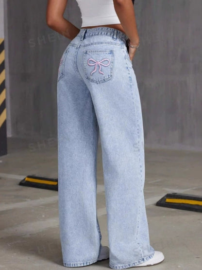 Liber Autumn Women's Embroidery Bow Jeans