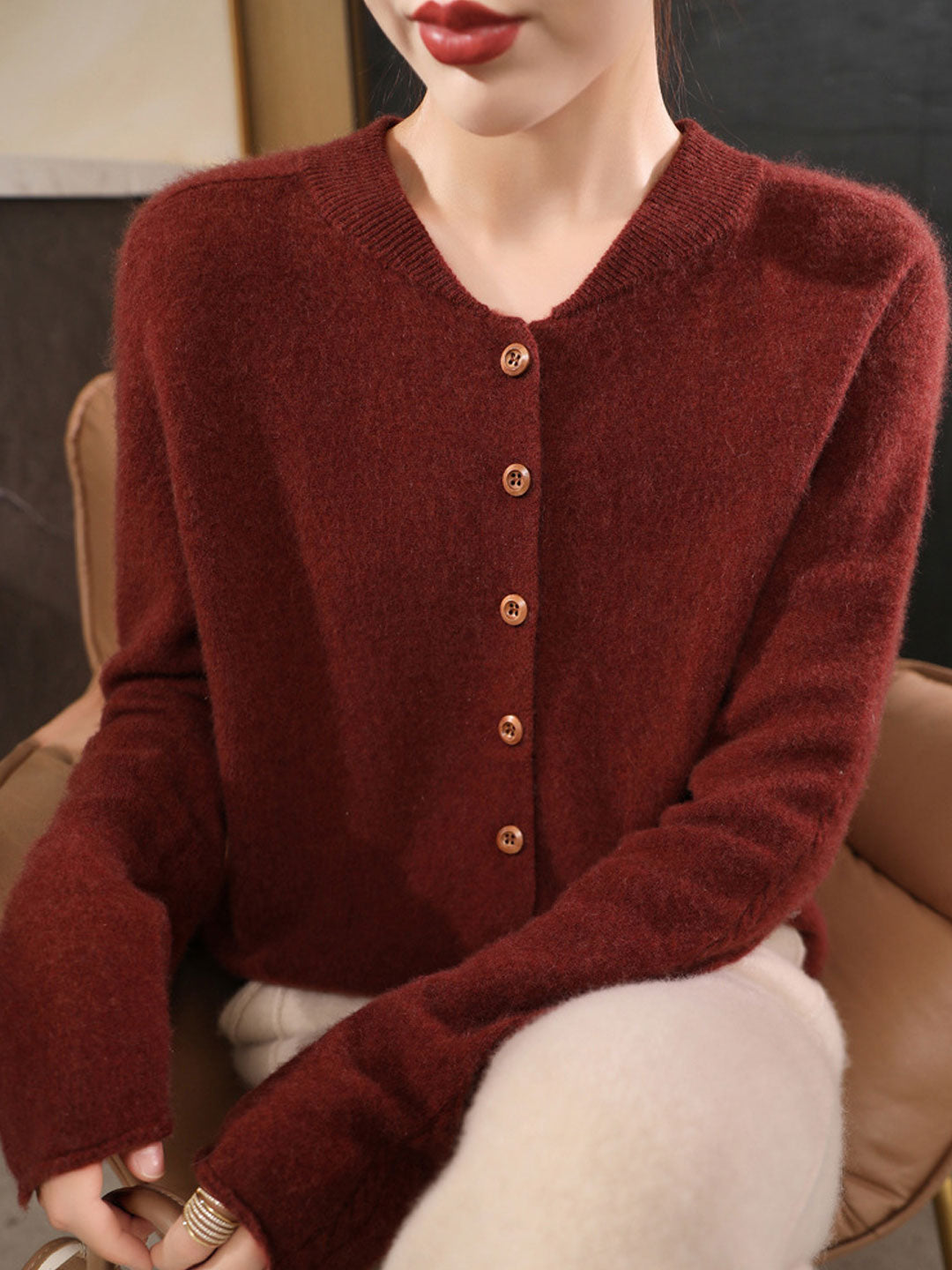Natalie Classic Crew Neck Solid Color Knitted Cardigan-Red