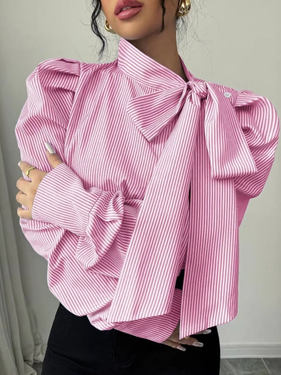 Puff Sleeve Bow Ribbon Stripes Leisure Shirts