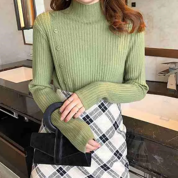 Elegante jersey de punto de cuello alto para mujer con botón y abertura | Ideal para otoño/invierno