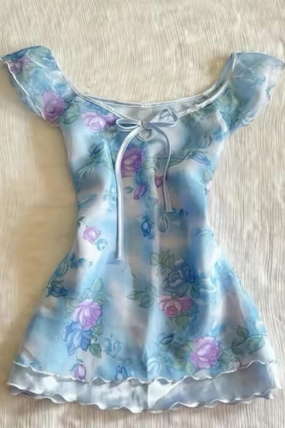 Sweet Y2K Print Ruffle Waist Mini Dress