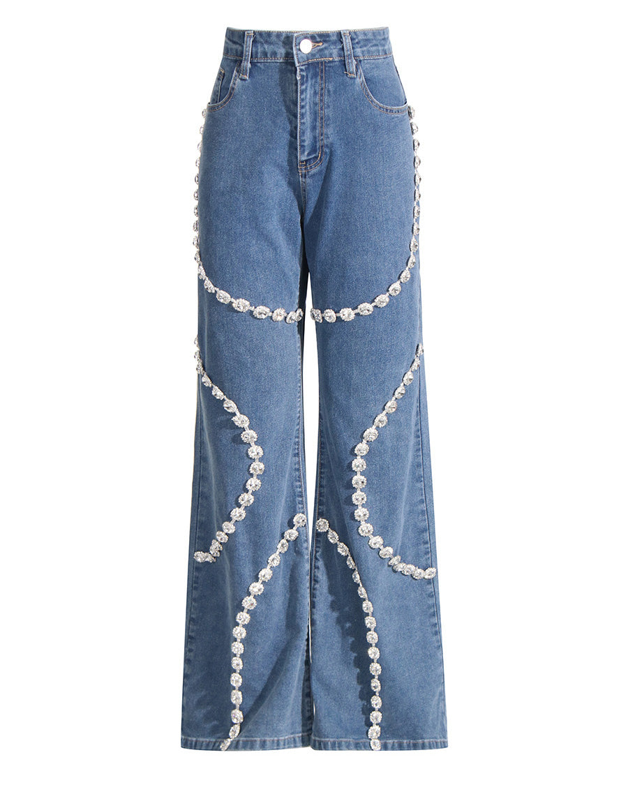 High-Waisted Diamond-Embellished Straight-Leg Trousers