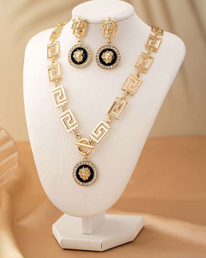 Vintage Lion Head Necklace Earring Set