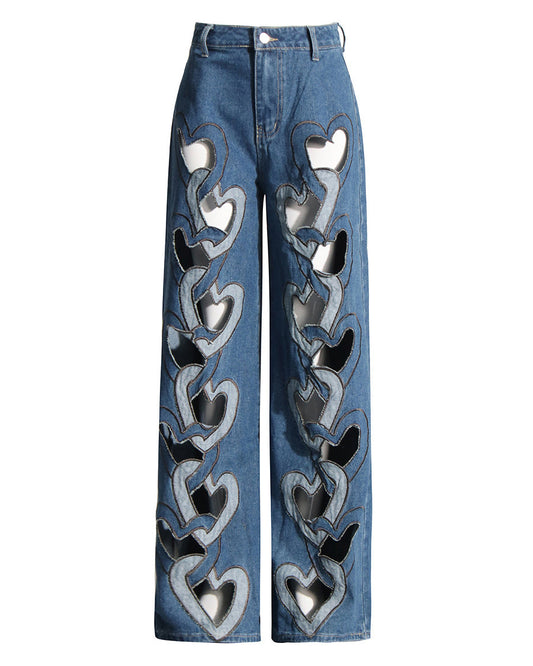 High Waisted Printed Cutout Wide Leg Jeans