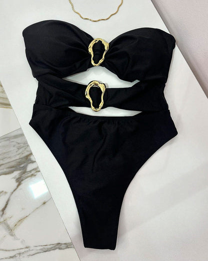 Metallic Embellished One Piece Swimsuit Bikini Set