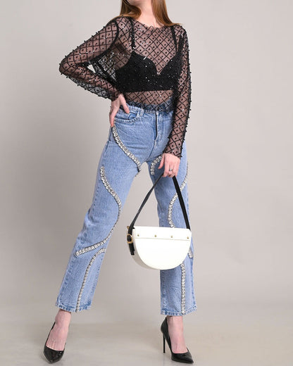 High-Waisted Rhinestone Paneled Straight-Leg Casual Jeans