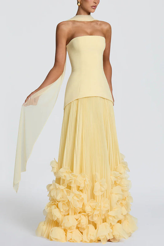 Serafina Strapless Back Lace-up Handcrafted Floral Appliqués Pleated Hem Gown Maxi Dress