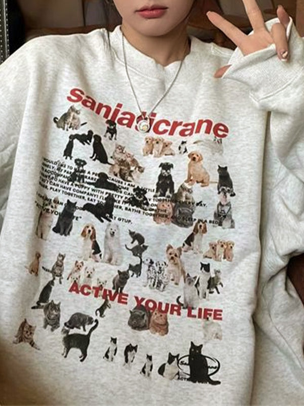 Puppy Cat Print Loose Sweatshirt