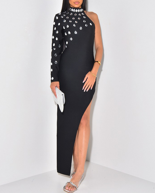 Irregular Rhinestone Slit Dress