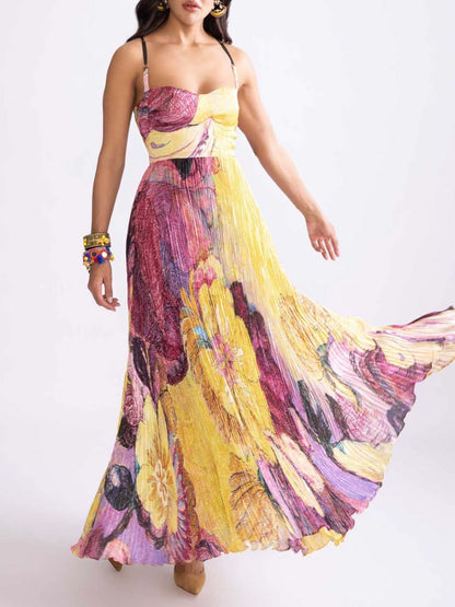 Vintage Art Hand-Painted Floral Print Pleated Maxi Dress