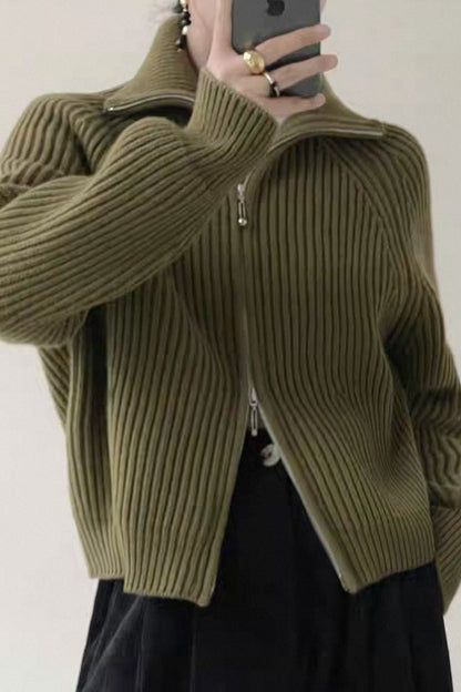 Ribbed High Neck Zip Sweater