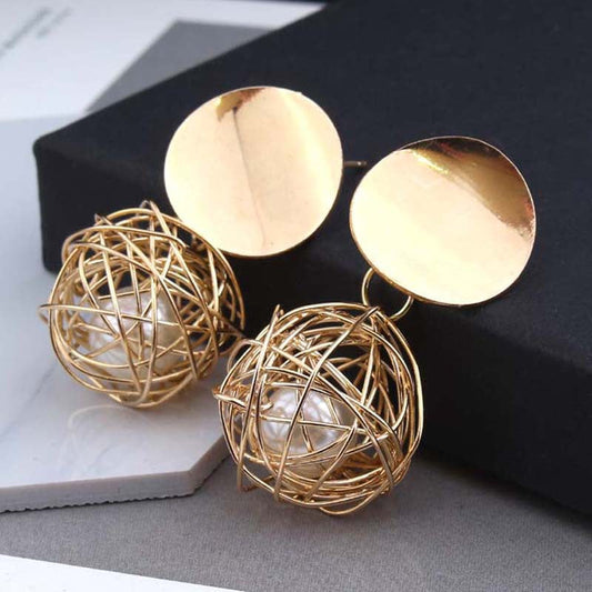 Geometric Woven Pearl Ball Stud Earrings