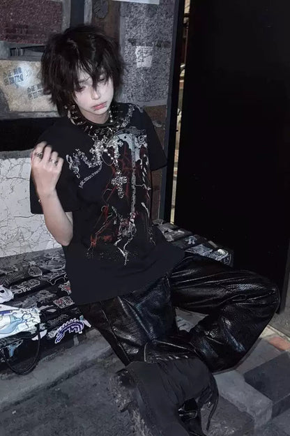 Dark Punk Alt-Girl Printed Silk Loose T-shirt