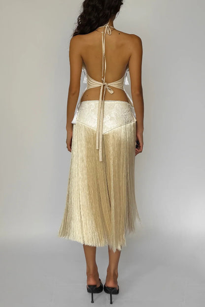 Fashionable Lace Appliqué Tassel Hem Vacation Maxi Skirt