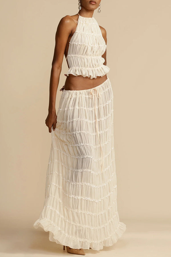 Versatile retro charm pleated drawstring waistline long skirt set