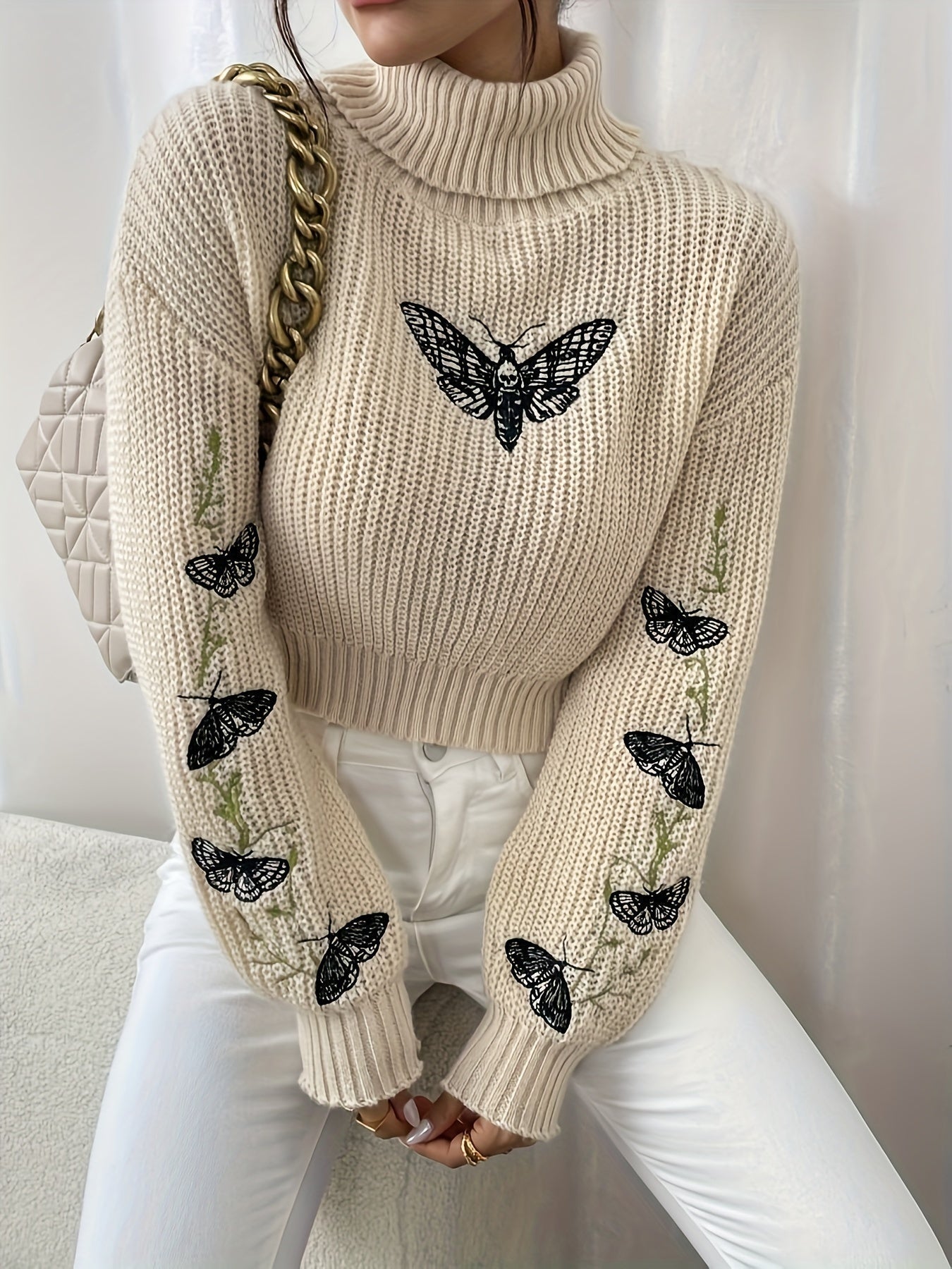 Jersey de punto de cuello alto con estampado de mariposas para mujer | Ideal para otoño/invierno