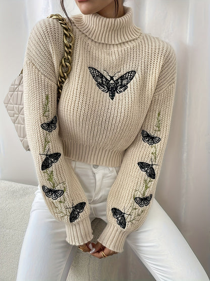Jersey de punto de cuello alto con estampado de mariposas para mujer | Ideal para otoño/invierno
