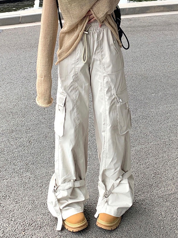 Vintage Big Pocket Drawstring Buckle Design Cargo Pants
