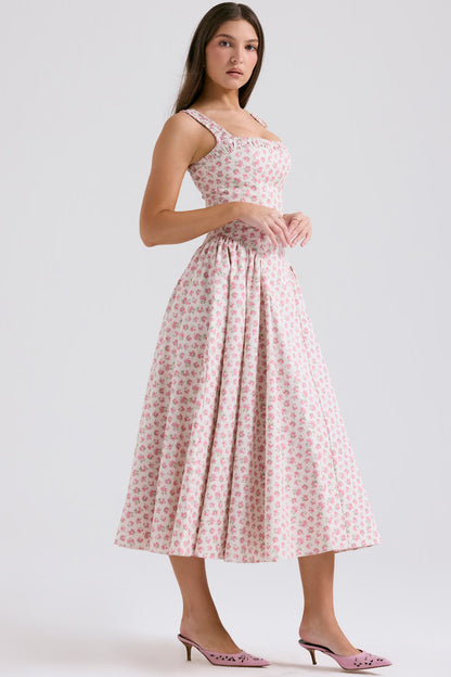 white rosebud print cotton midi sundress