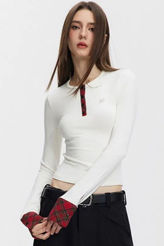 Vintage Patchwork Slim Fit Crop Long Sleeve Knit Top