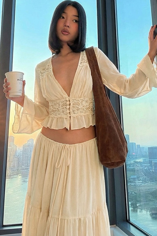Sexy Lace Chiffon Sheer Tie Skirt Set