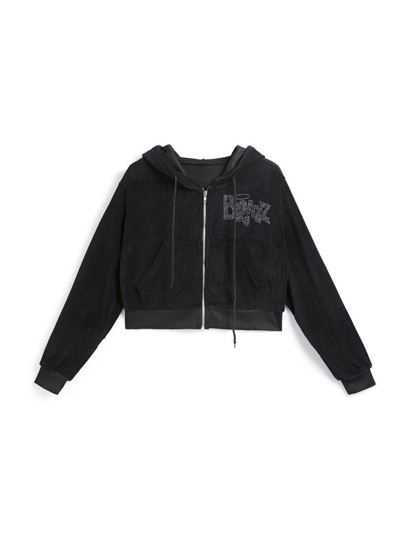 Letter Rhinestone Print Short Hoodie