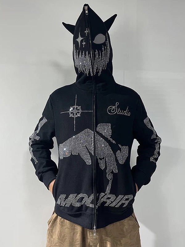Rhinestone Hooded Loose Zipper Cardigan Hoodie