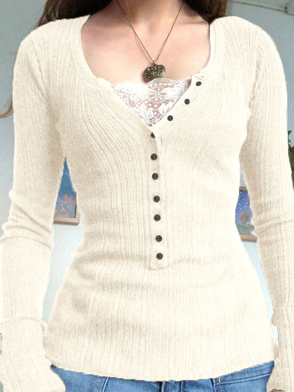 Lace Paneled Button Long Sleeve Knit Top