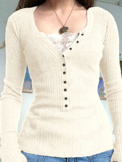 Lace Paneled Button Long Sleeve Knit Top