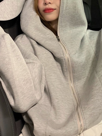 Anti Pilling Bunny Ears Zip-Up Cropped Hoodie