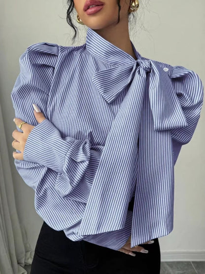 Puff Sleeve Bow Ribbon Stripes Leisure Shirts