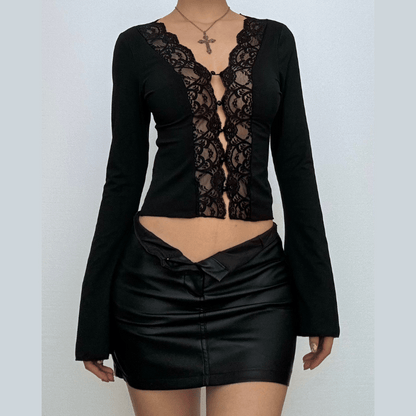 Long sleeve v neck lace hem button top  | Festival Outfits Women
