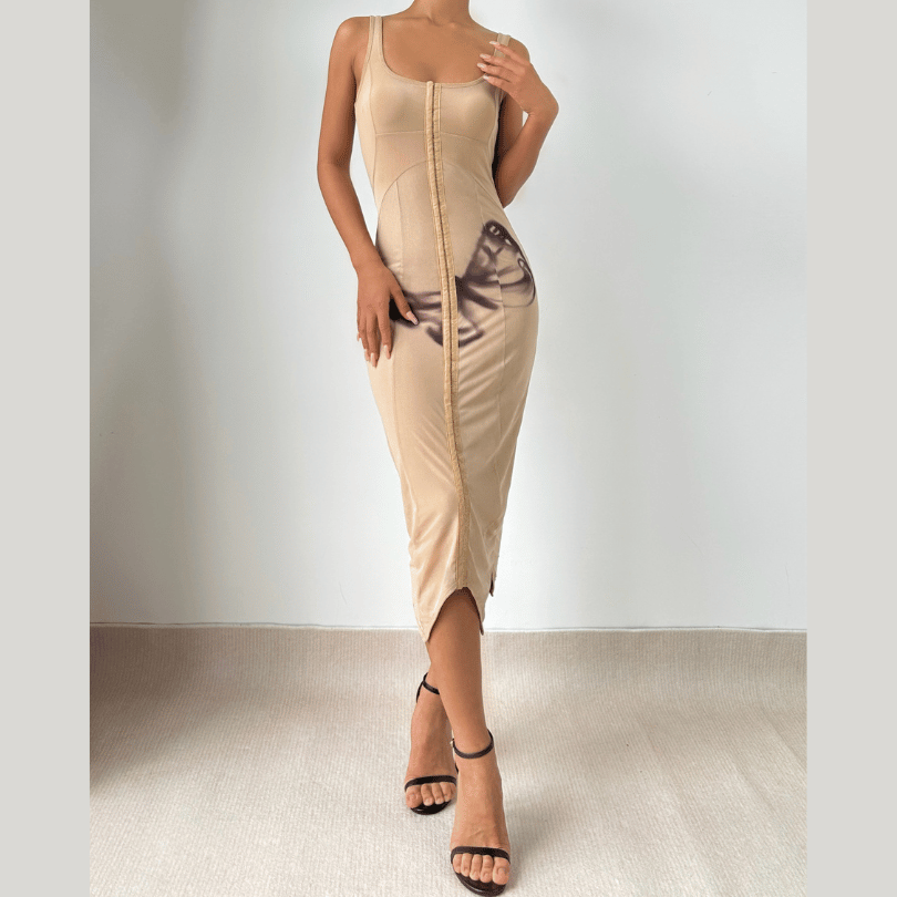 Square neck butterfly pattern tank midi dress  | Festival Outfits Women